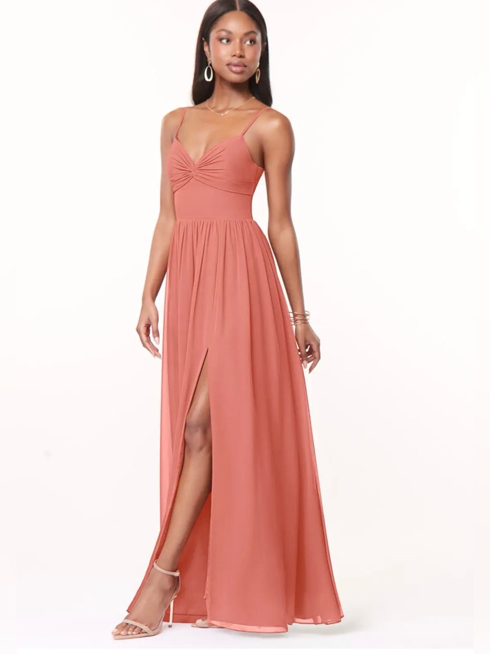 New! Azazie Terracotta Floor Length Coral Bridesmaid Dress with Front Slit NWT